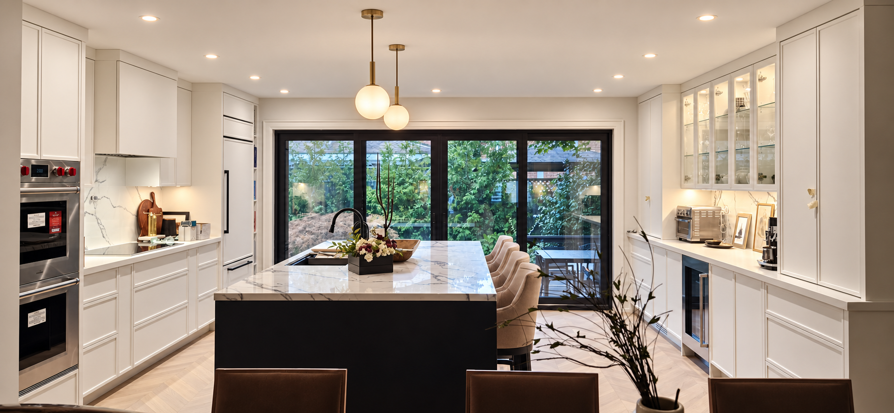 White custom kitchen cabinetry and dark island with pendant lighting visualization